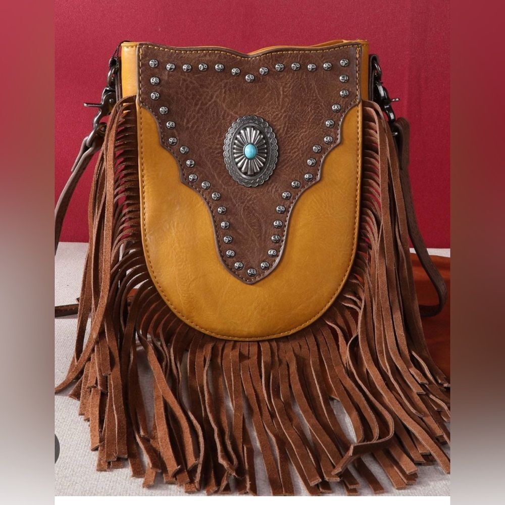 Montana West Mustard Yellow and Brown Fringe Crossbody Bag with Turquoise Concho
